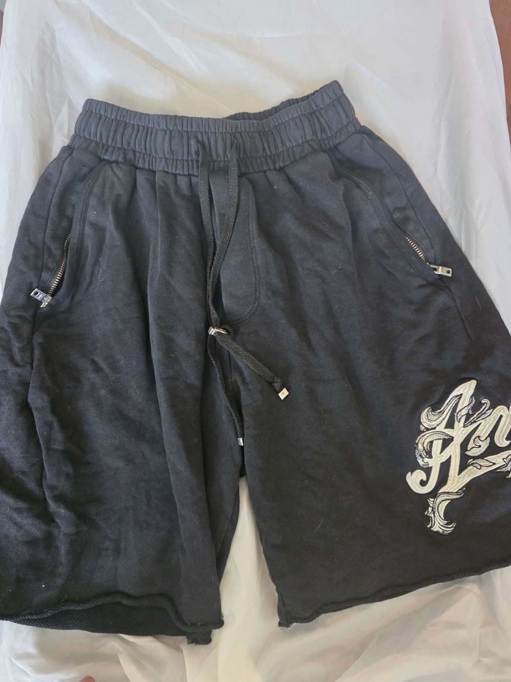 AMIRI Black Barocco Embroidered Logo Sweatshorts Size S Raw Hem Lounge